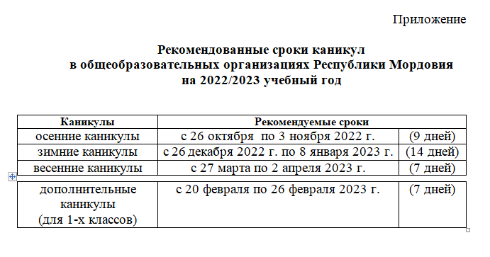 Рекомендованные сроки каникул.